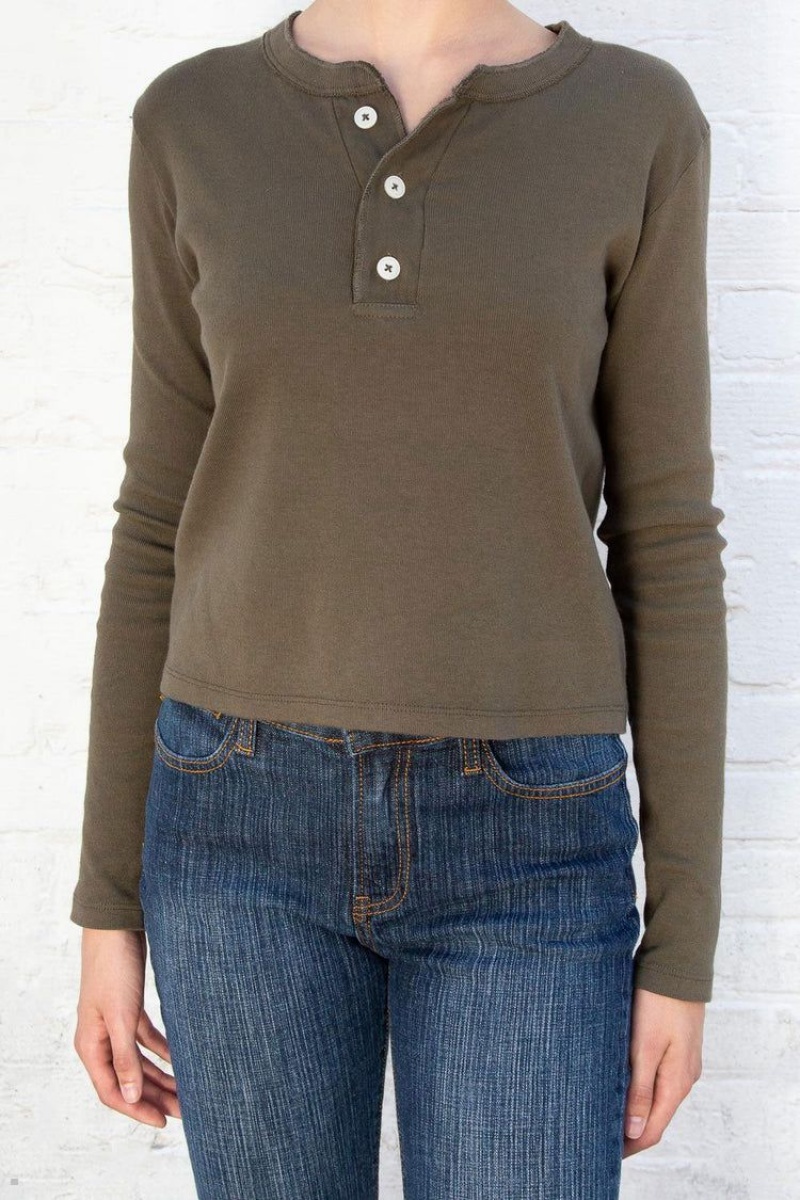 Hauts Brandy Melville Charlie Long Sleeve Vert Olive | BZO-95549817